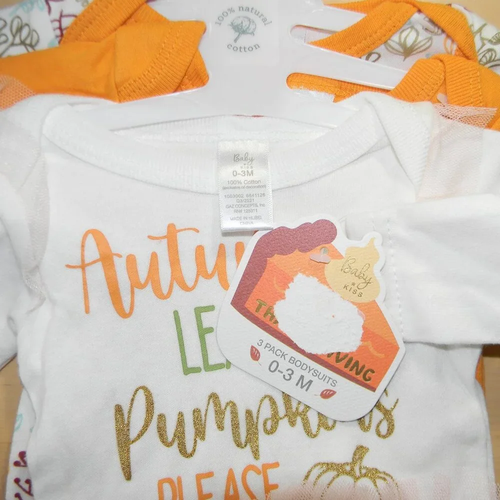 Baby Kiss 3 Bodysuits Fall Thanksgiving Autumn Pumpkin Orange 0-3M NWT
